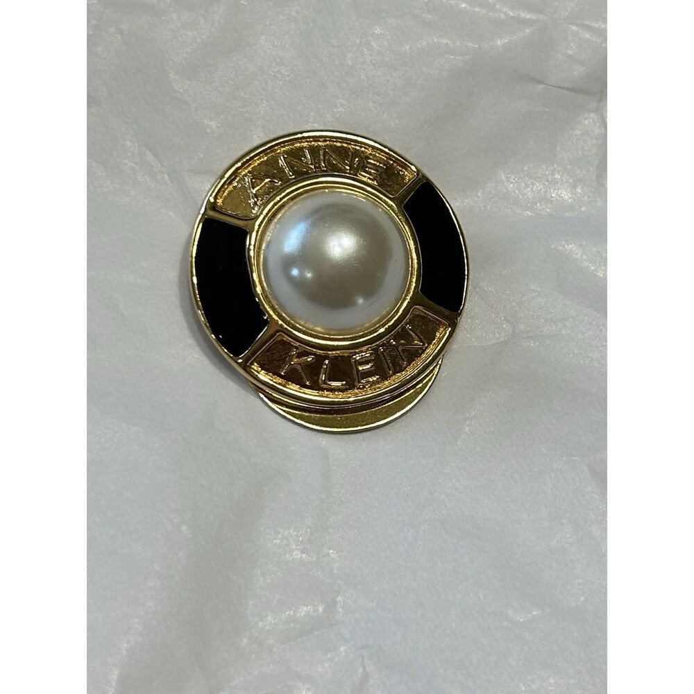 Vintage Anne Klein Gold Tone and Black Brooch with Faux Pearl in Center
